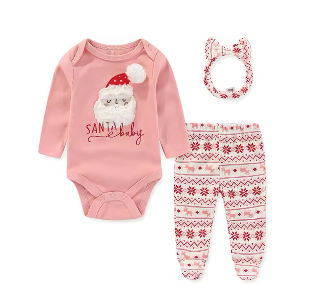 Pink Santa Onesie with Headband and  Snowflake Pants