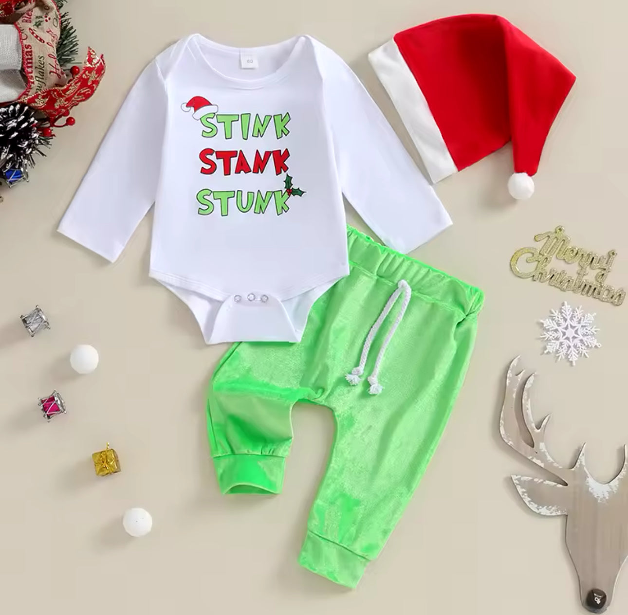 Stink. Stank. Stunk. Christmas Onesie with Santa Hat