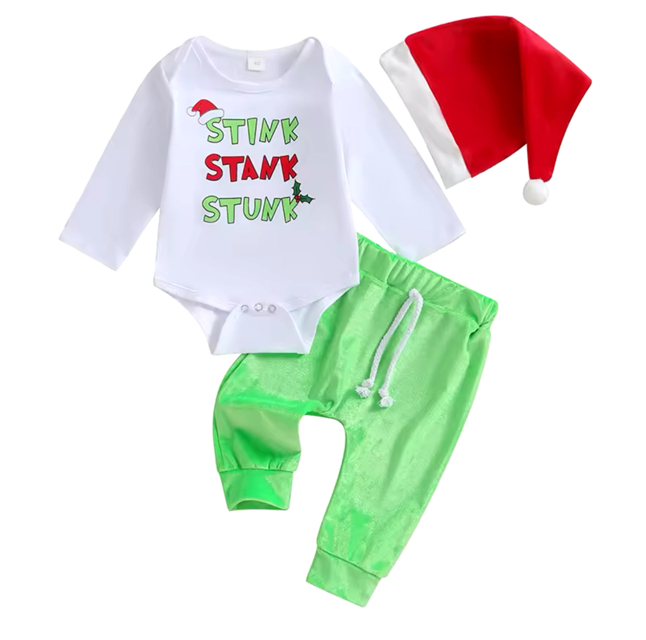 Stink. Stank. Stunk. Christmas Onesie with Santa Hat